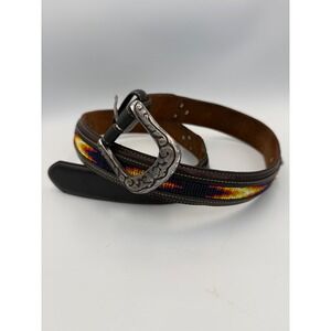 Justin Mens Leather Belt Beaded Western Style Silver Buckle Black Yellow‎ Red